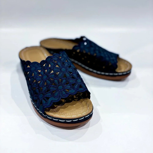 Shoes - Beige sandals with navy floral  lace